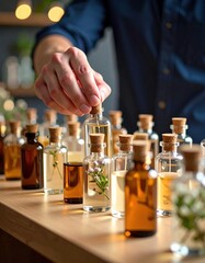 Fiole et matière première pour illustrer un article sur l’extrait de parfum