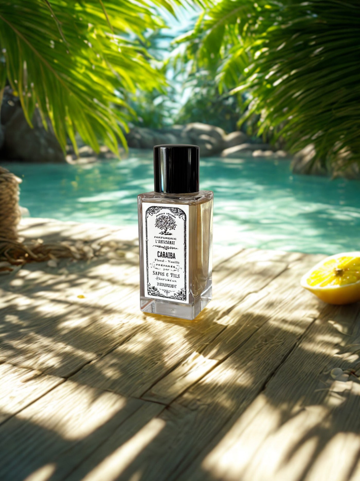 Flacon du parfum Caraïba sur fond de plage tropicale avec mer turquoise et palmier