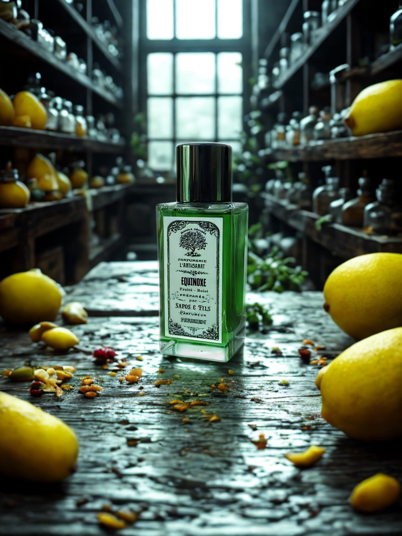 Flacon du parfum Équinoxe posé sur une table en bois dans un atelier de parfumerie artisanal au style vintage
