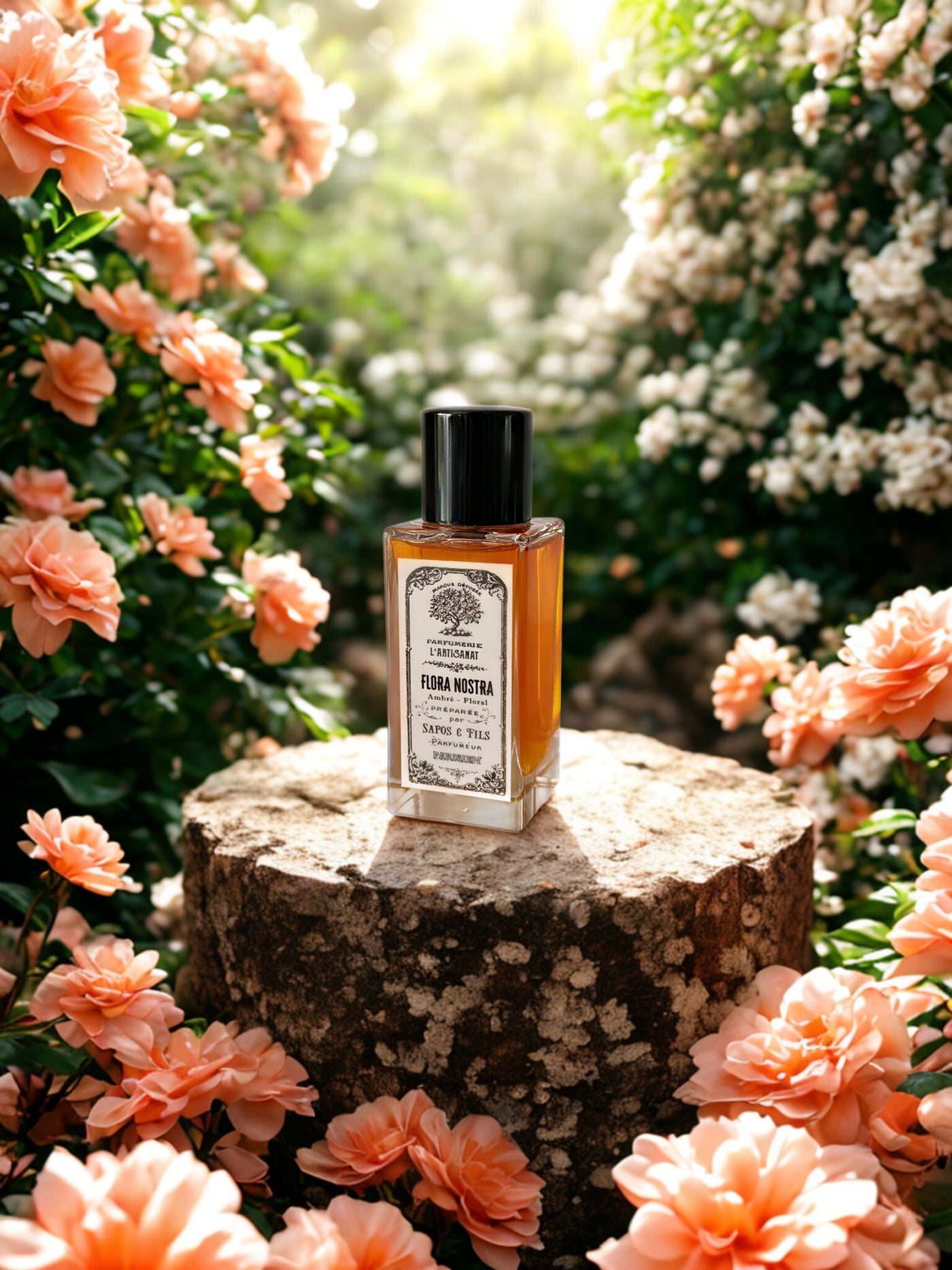 Flacon du parfum Flora Nostra entouré de fleurs colorées dans un décor lumineux et joyeux