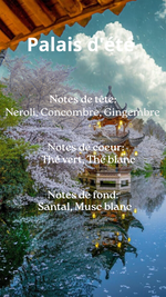 Visuel du parfum Palais d'Été de Sapos Parfums, accompagné des notes olfactives : bergamote, néroli, petit-grain, gingembre, concombre, thé vert, thé blanc, bois de santal et musc blanc