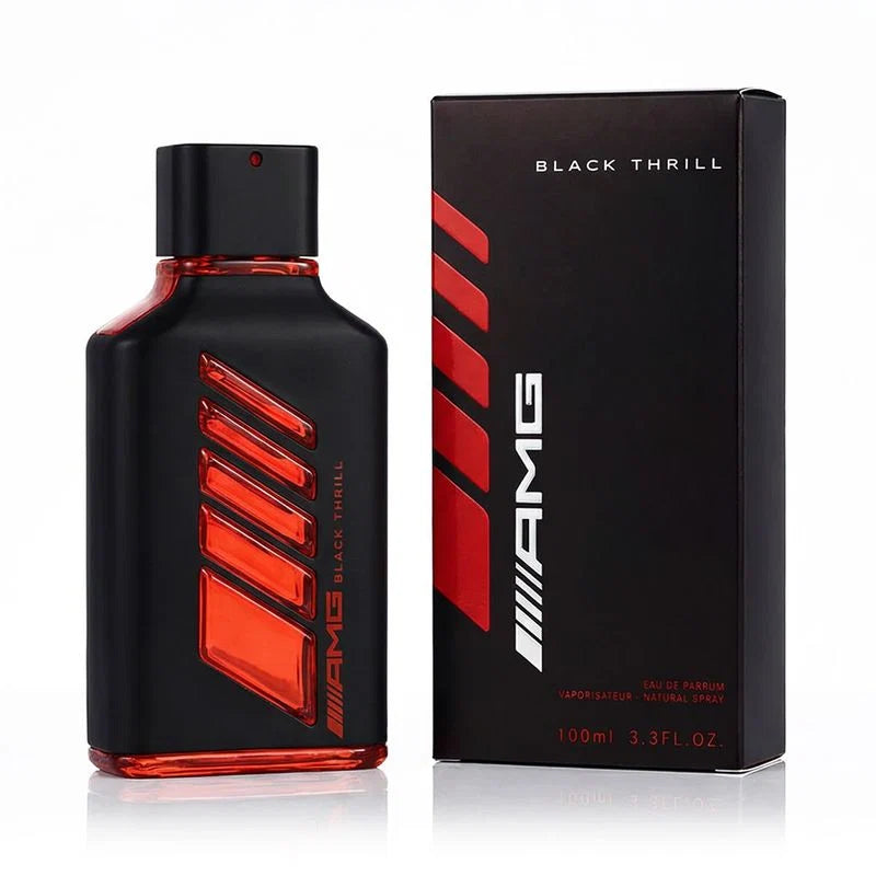 Flacon de Black Thrill Mercedes-AMG — parfum ambré cuiré