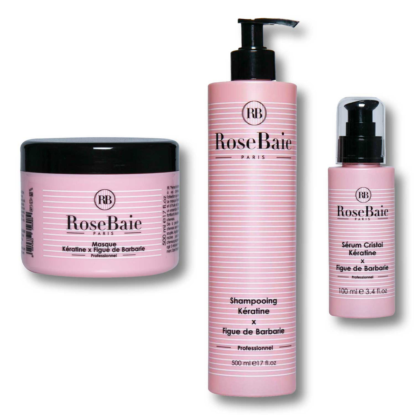 RoseBaie Paris routine Kératine x Figue de Barbarie trio shampooing 500 ml masque 500 ml sérum 100 ml