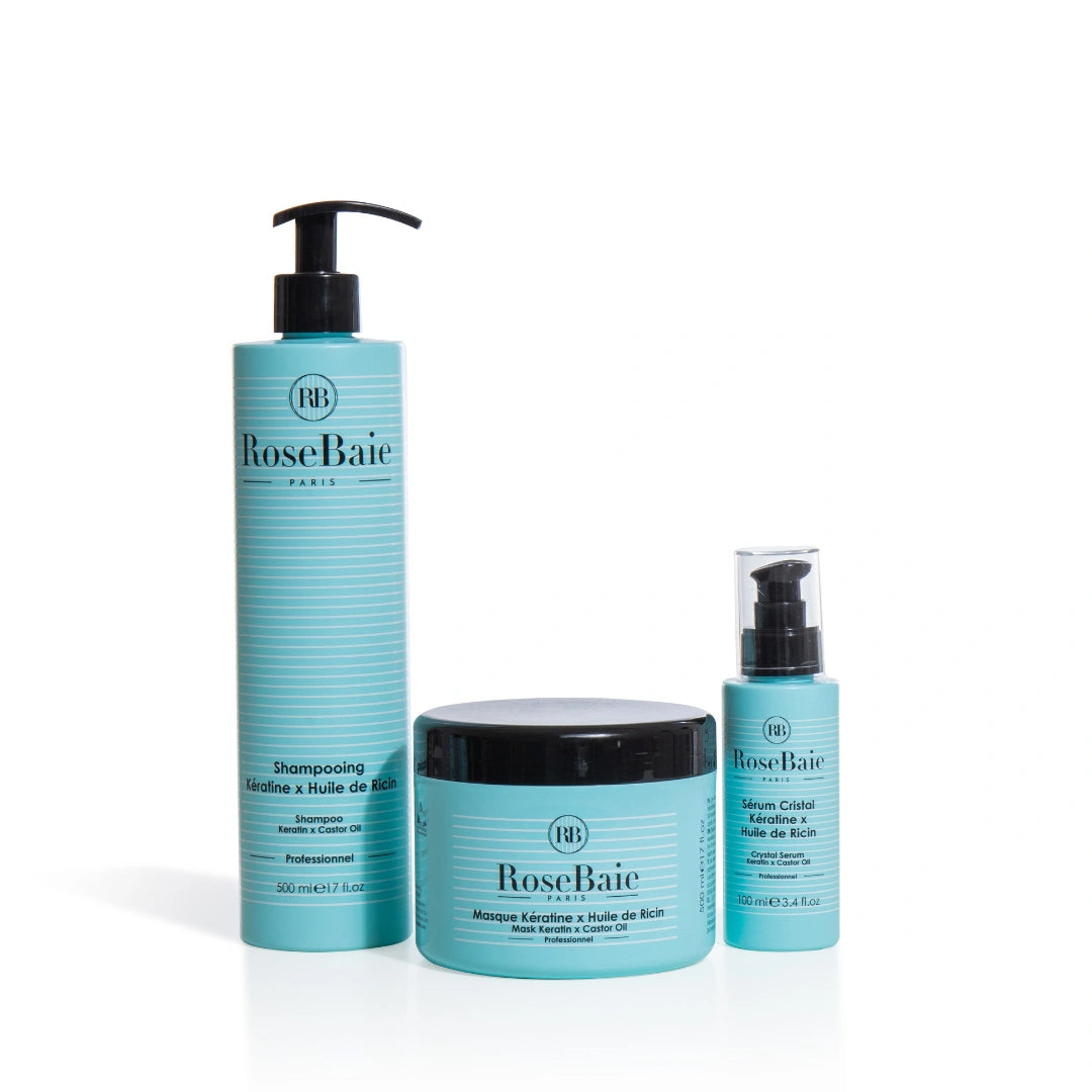Routine RoseBaie Kératine x Huile de Ricin - shampooing, masque et sérum