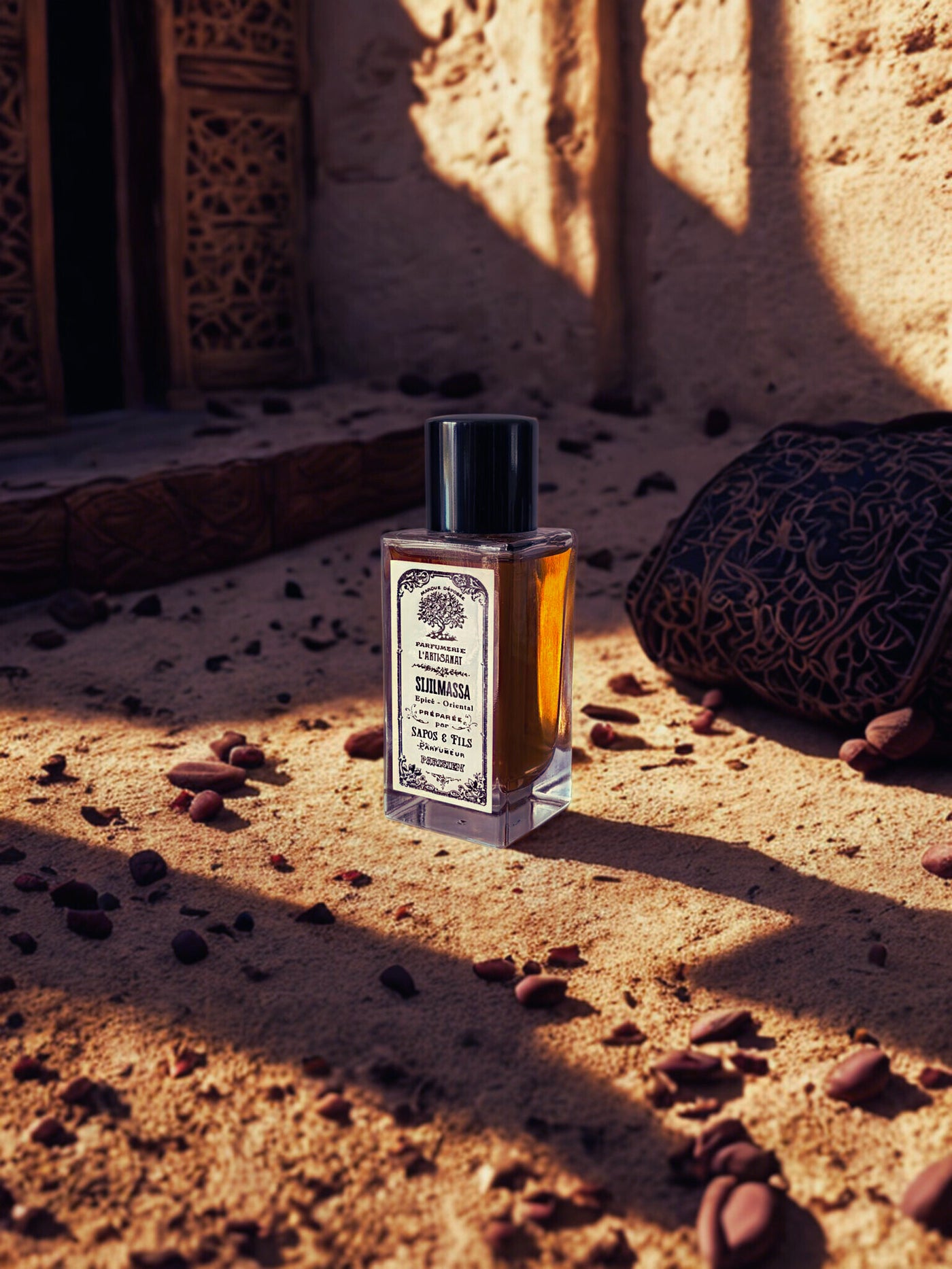 Flacon du parfum Sijilmassa de Sapos Parfums, parfum artisanal aux notes boisées, épicées et orientales inspiré de la cité mythique trans-saharienne, présenté sur un fond chaleureux évoquant le désert et les caravanes